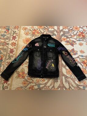 Black Graphic Denim Jacket with Colorful Patch Art